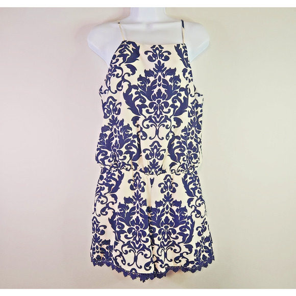 Premier Amour Romper Camisole Top Shorts Suit Lined White Blue Floral Women's 8 - Picture 1 of 5